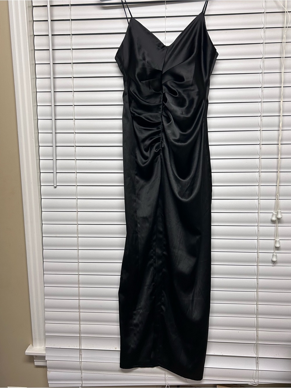 Zara Black Satin Ruched Midi Slip Dress
